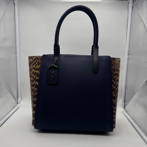 Coach Troupe Navy Blue and Leopard Print Leather Tote Bag Handbag Satchel Purse - Picture 1 of 10